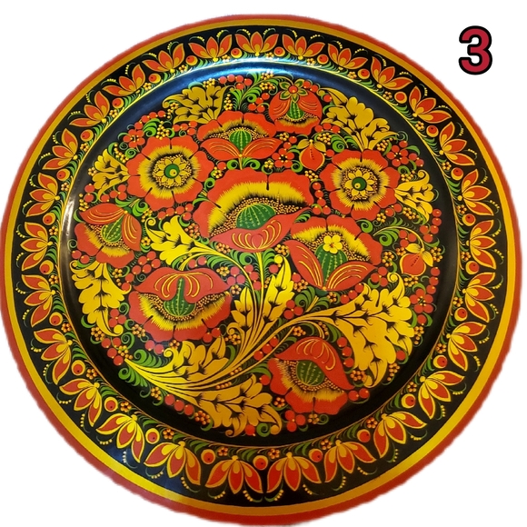 Vntg Russian "Khokhloma" Wooden Platter 16.5", Signed,Hand Painted, Choice of 3 - Picture 4 of 11